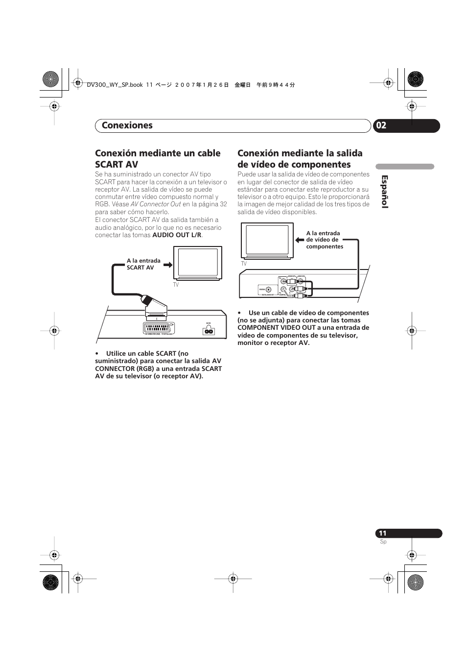 Conexiones 02, Conexión mediante un cable scart av, Español | Pioneer DV-300-S User Manual | Page 11 / 82