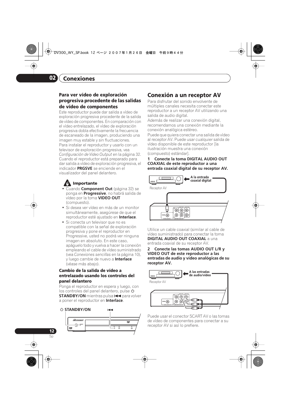 Conexiones 02, Conexión a un receptor av | Pioneer DV-300-S User Manual | Page 12 / 82