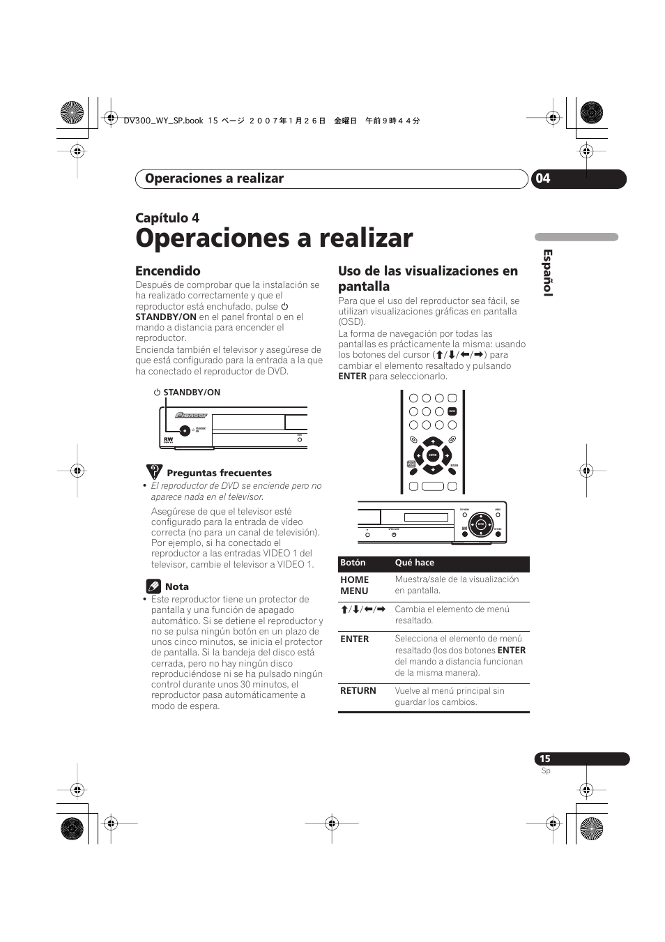 Operaciones a realizar, Operaciones a realizar 04, Capítulo 4 | Encendido, Uso de las visualizaciones en pantalla, Español | Pioneer DV-300-S User Manual | Page 15 / 82