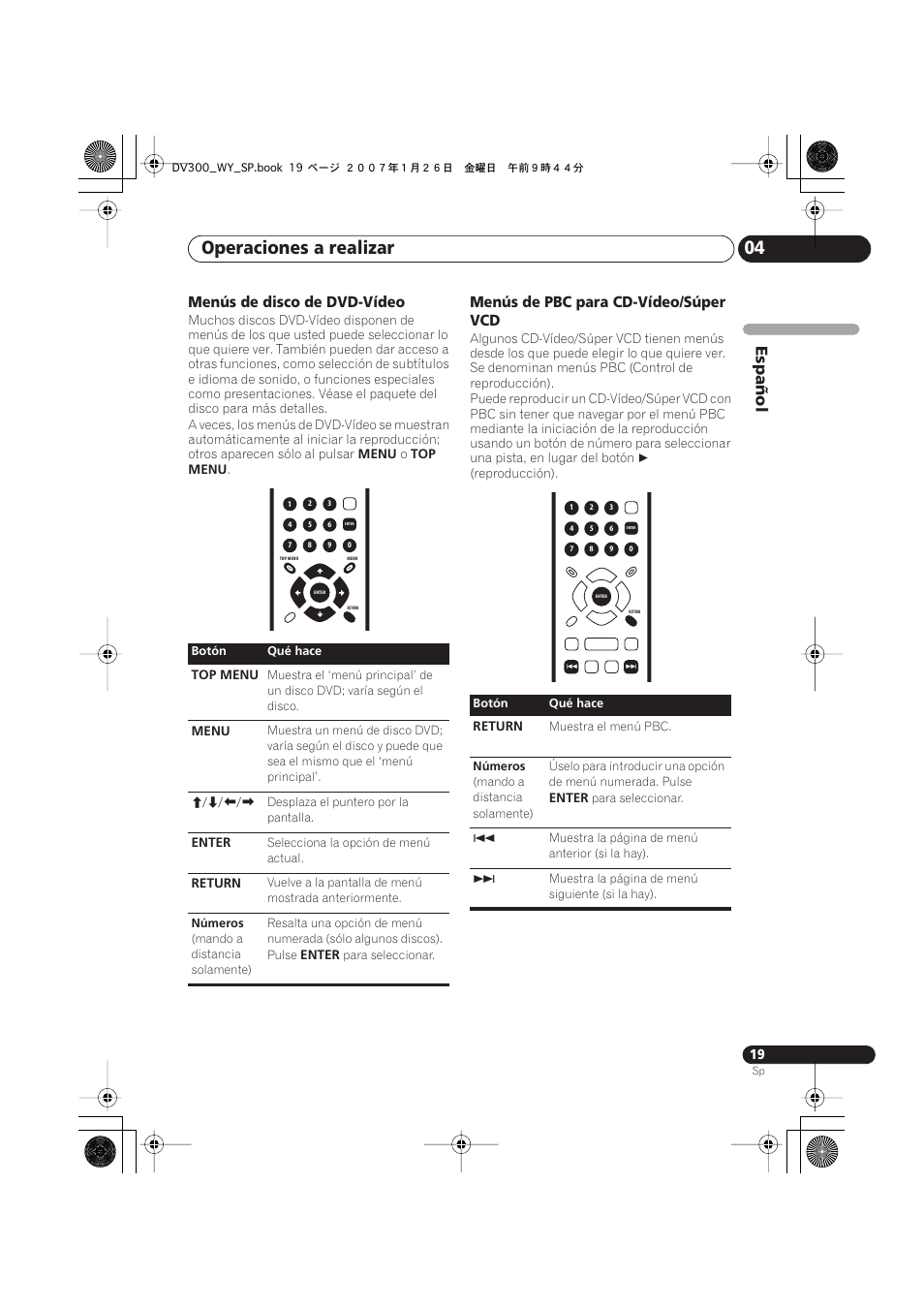 Operaciones a realizar 04, Español, Menús de disco de dvd-vídeo | Menús de pbc para cd-vídeo/súper vcd | Pioneer DV-300-S User Manual | Page 19 / 82