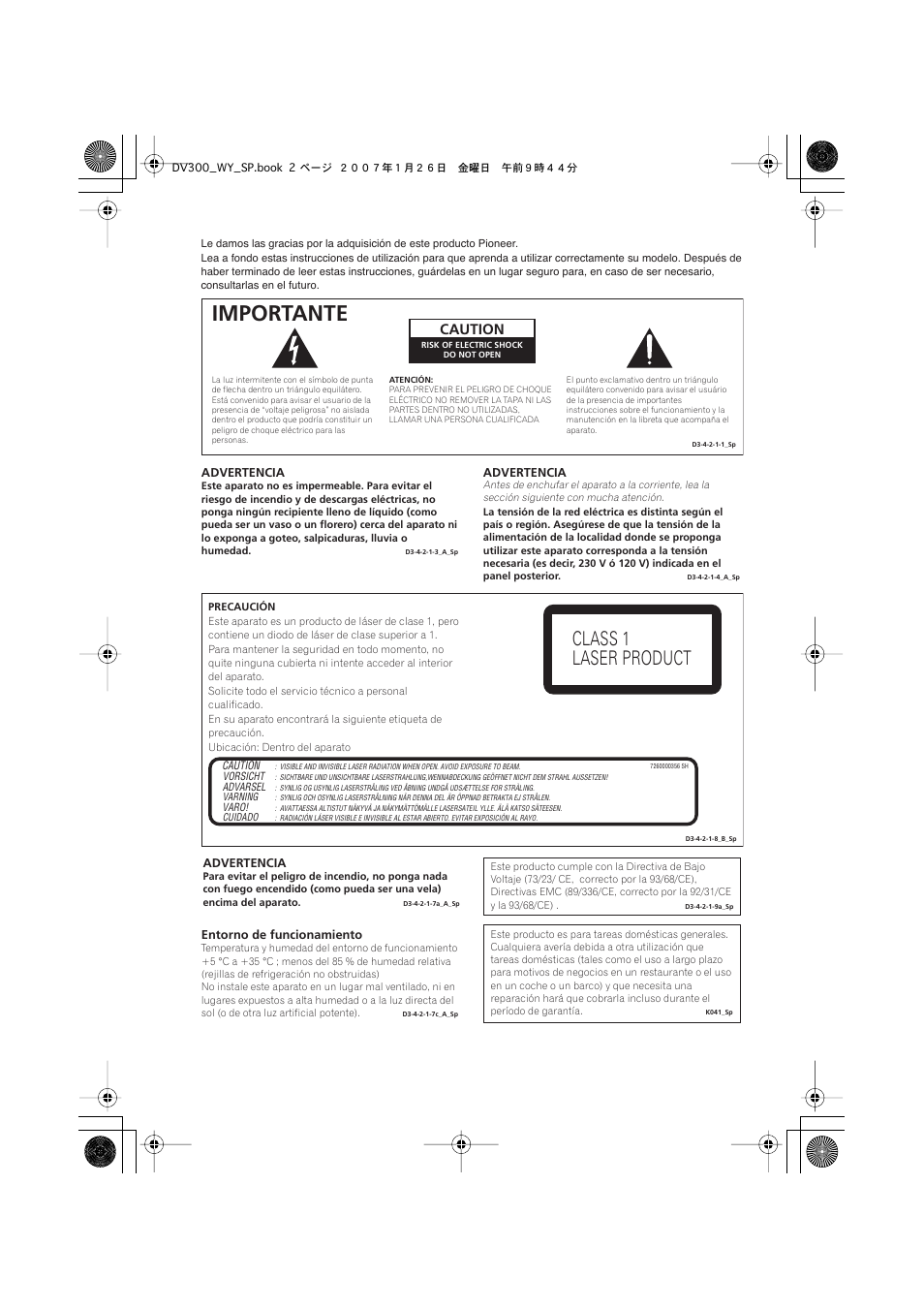 Importante, Class 1 laser product, Caution | Pioneer DV-300-S User Manual | Page 2 / 82