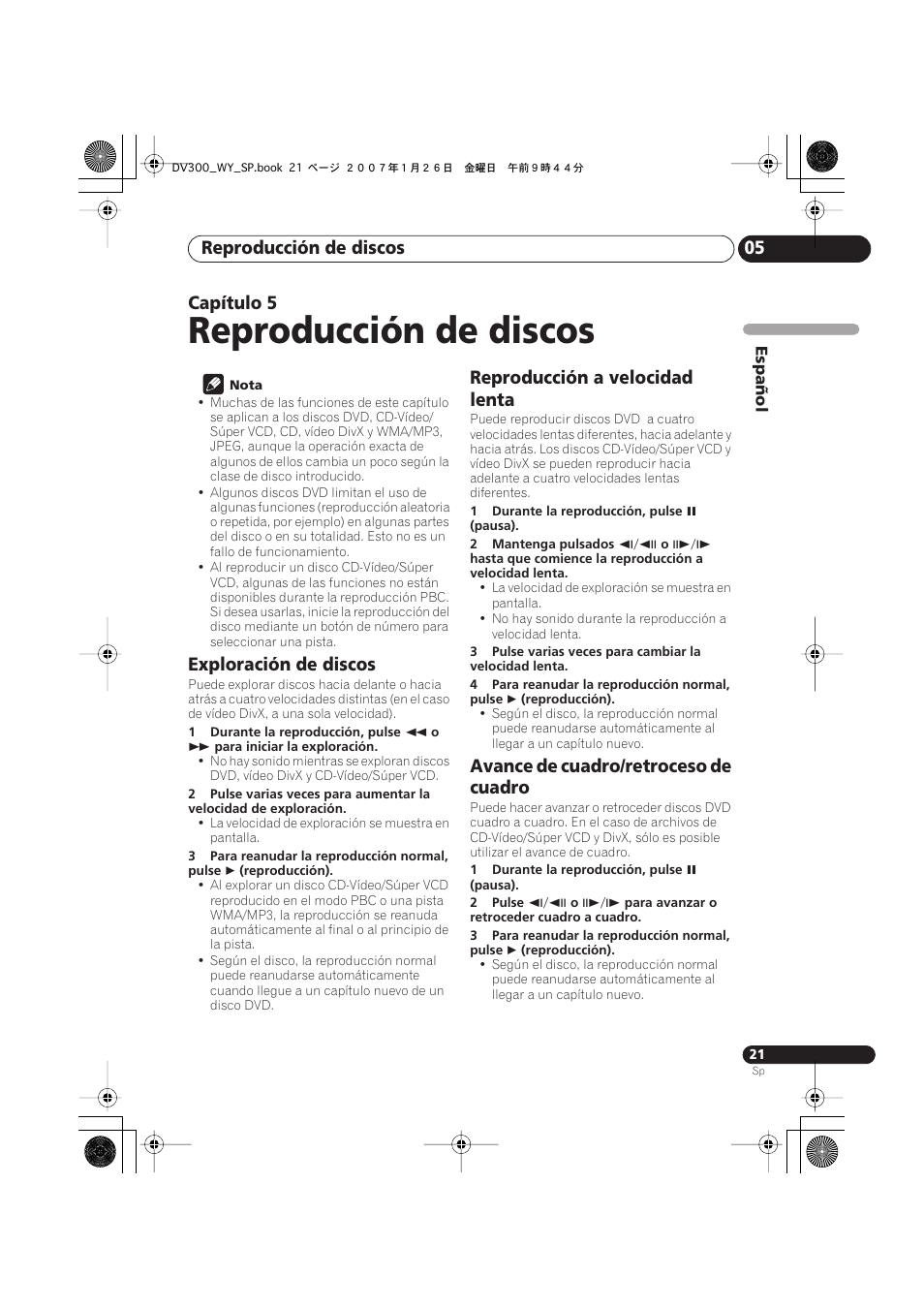 Reproducción de discos, Reproducción de discos 05, Capítulo 5 | Exploración de discos, Reproducción a velocidad lenta, Avance de cuadro/retroceso de cuadro | Pioneer DV-300-S User Manual | Page 21 / 82