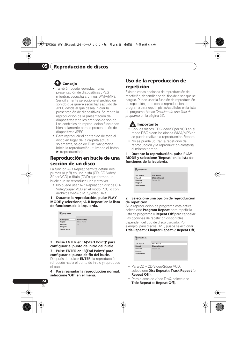 Reproducción de discos 05, Reproducción en bucle de una sección de un disco, Uso de la reproducción de repetición | Pioneer DV-300-S User Manual | Page 24 / 82
