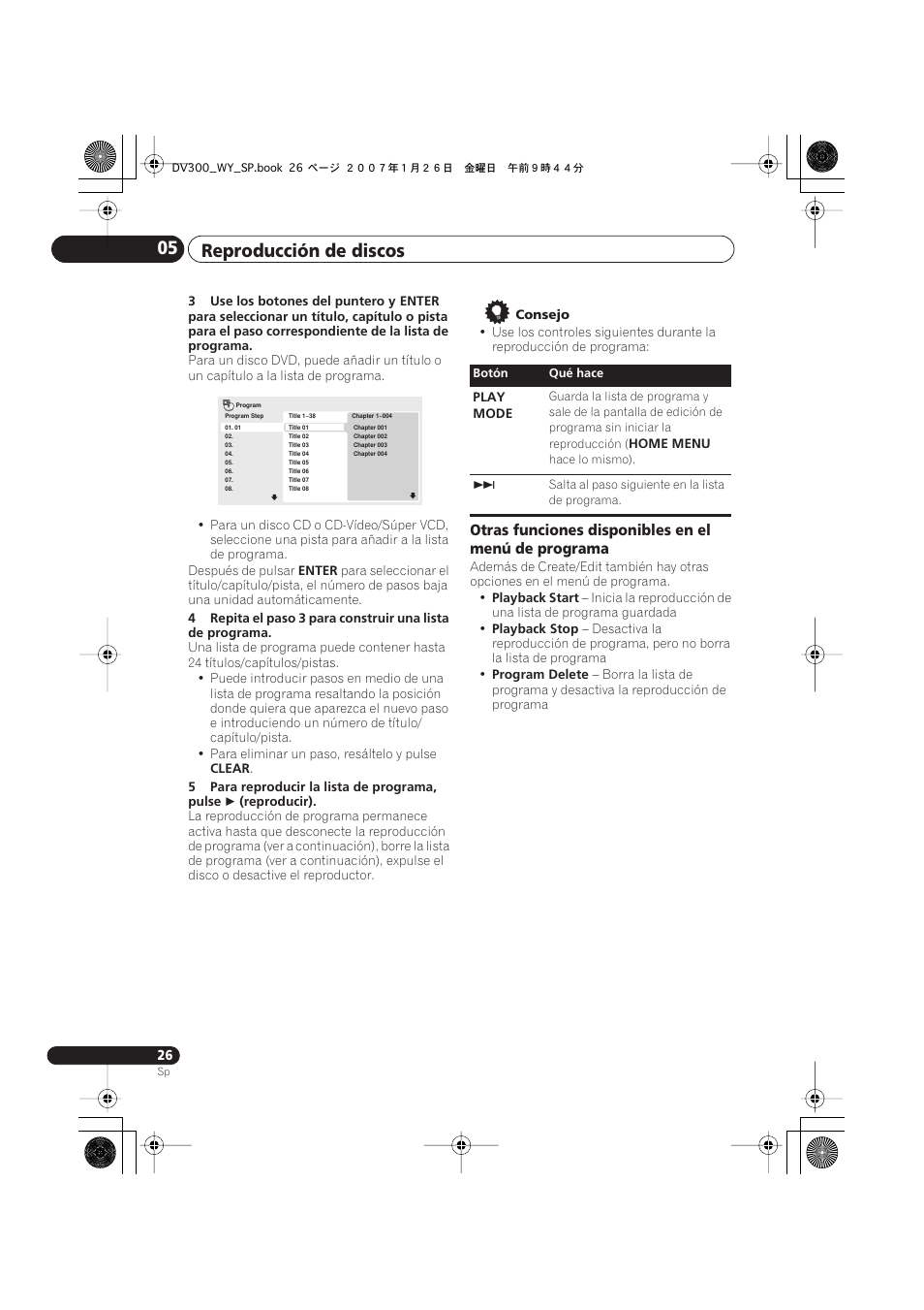 Reproducción de discos 05, Otras funciones disponibles en el menú de programa | Pioneer DV-300-S User Manual | Page 26 / 82