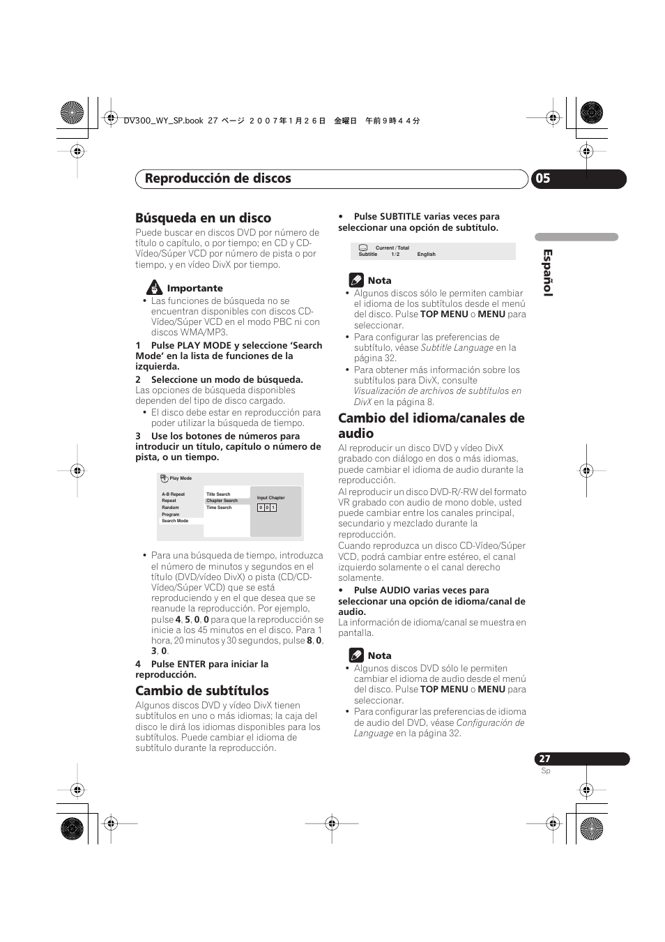 Reproducción de discos 05, Búsqueda en un disco, Cambio de subtítulos | Cambio del idioma/canales de audio | Pioneer DV-300-S User Manual | Page 27 / 82
