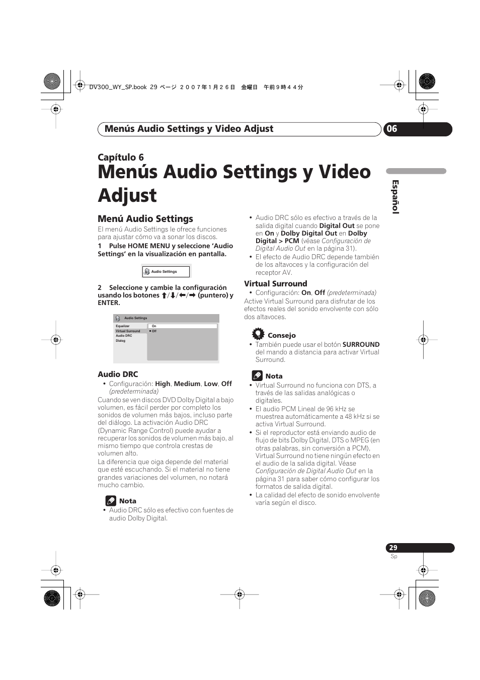 Menús audio settings y video adjust, Menús audio settings y video adjust 06, Capítulo 6 | Menú audio settings | Pioneer DV-300-S User Manual | Page 29 / 82