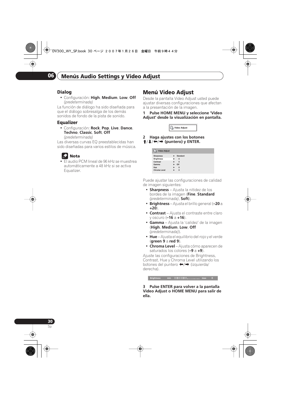 Menús audio settings y video adjust 06, Menú video adjust | Pioneer DV-300-S User Manual | Page 30 / 82