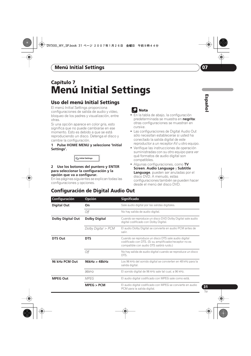 Menú initial settings, Menú initial settings 07, Capítulo 7 | Uso del menú initial settings, Configuración de digital audio out | Pioneer DV-300-S User Manual | Page 31 / 82