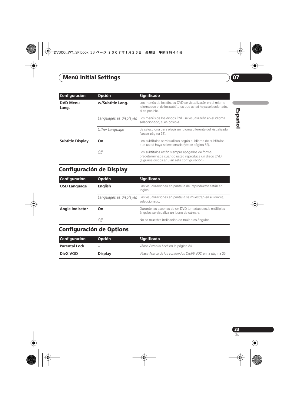 Menú initial settings 07, Configuración de display configuración de options, Español | Pioneer DV-300-S User Manual | Page 33 / 82