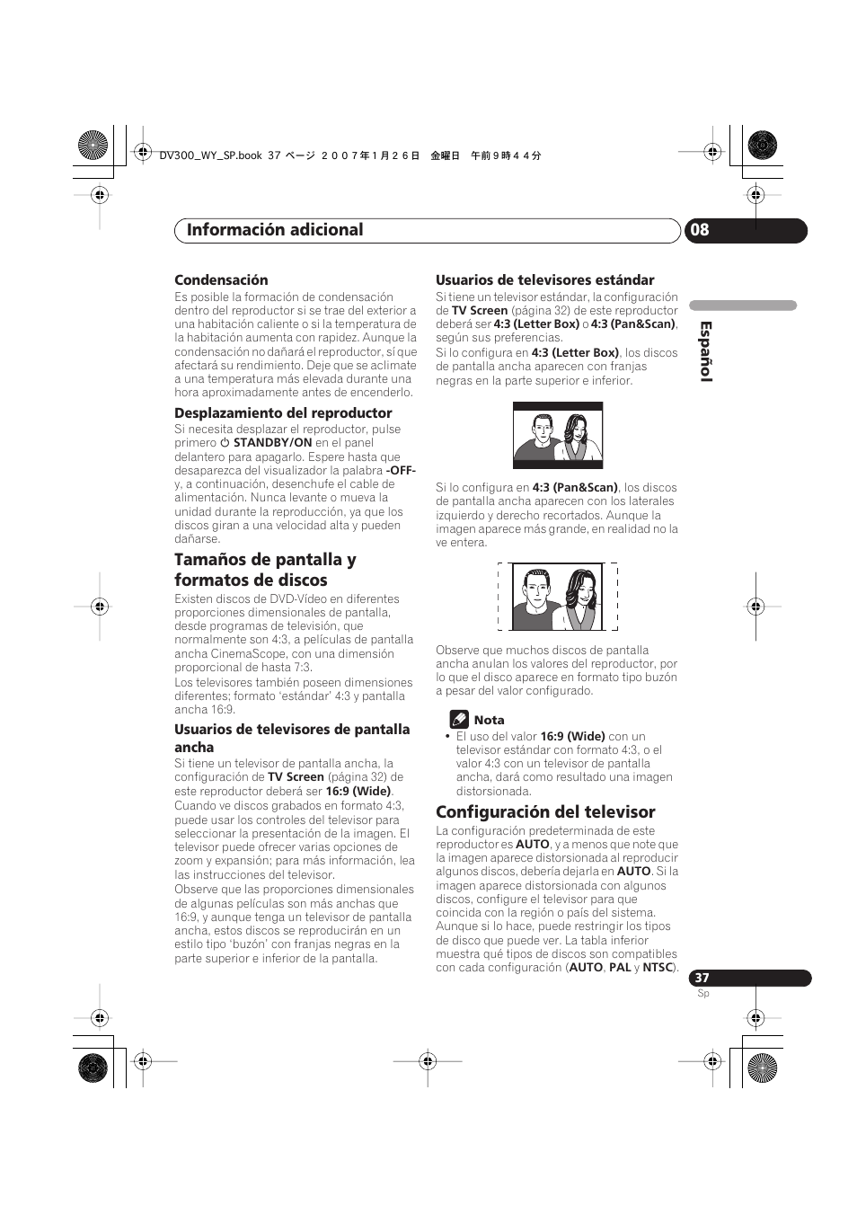 Información adicional 08, Tamaños de pantalla y formatos de discos, Configuración del televisor | Pioneer DV-300-S User Manual | Page 37 / 82