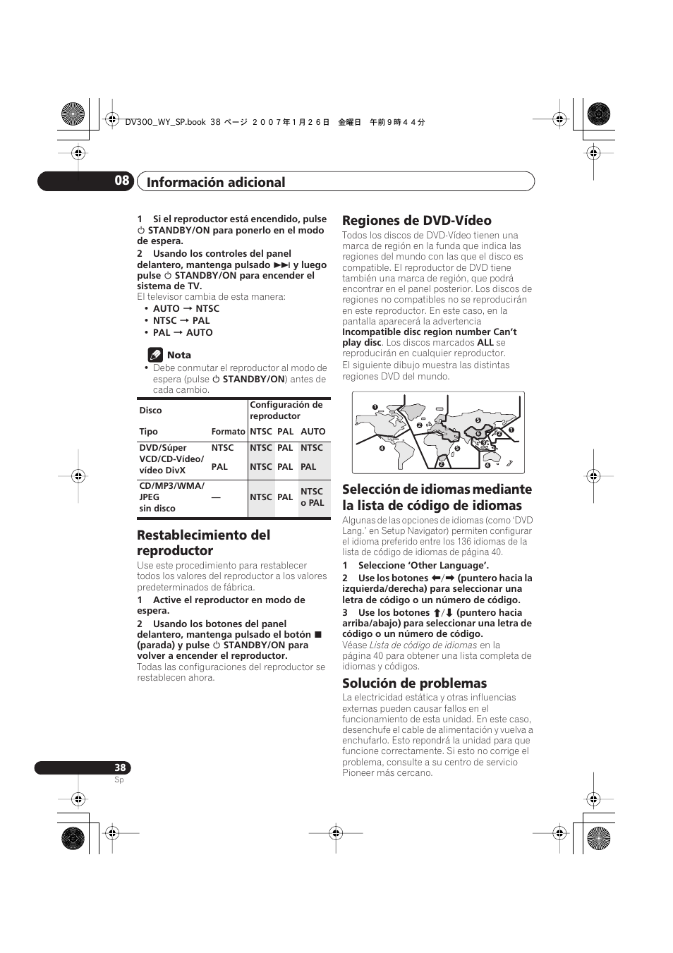 Información adicional 08, Restablecimiento del reproductor, Regiones de dvd-vídeo | Solución de problemas | Pioneer DV-300-S User Manual | Page 38 / 82