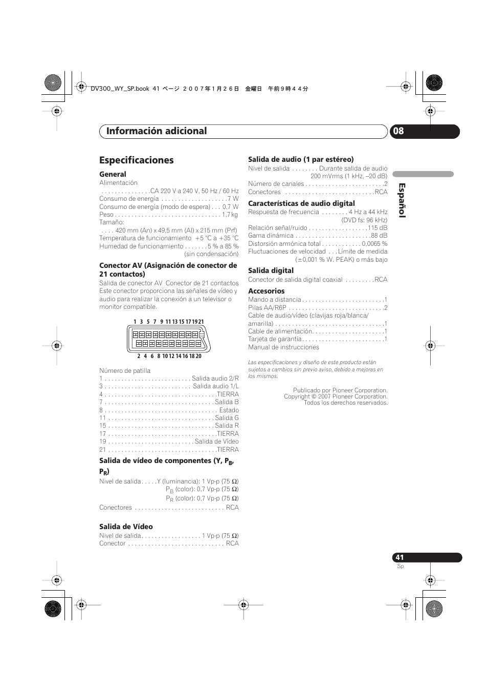 Información adicional 08, Especificaciones, Español | Pioneer DV-300-S User Manual | Page 41 / 82