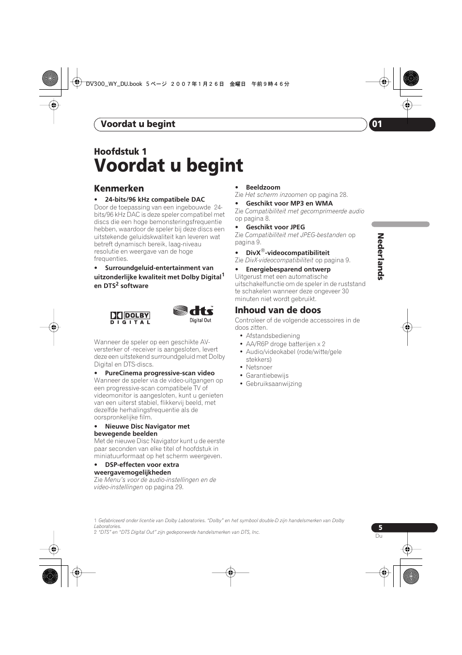 01 voordat u begint, Kenmerken, Inhoud van de doos | Voordat u begint, Voordat u begint 01, Hoofdstuk 1 | Pioneer DV-300-S User Manual | Page 45 / 82