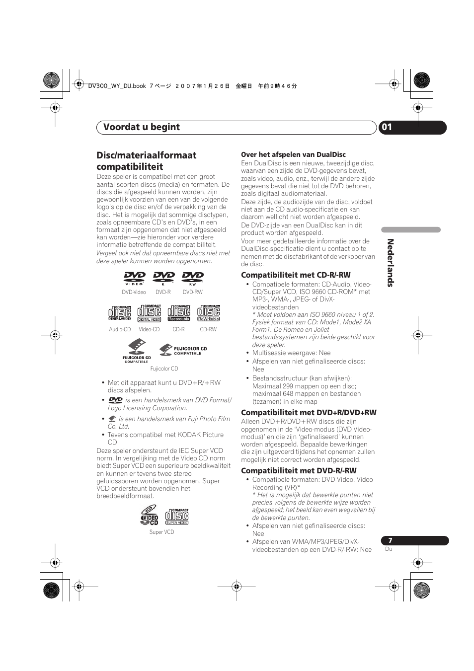 Disc/materiaalformaat compatibiliteit, Voordat u begint 01 | Pioneer DV-300-S User Manual | Page 47 / 82