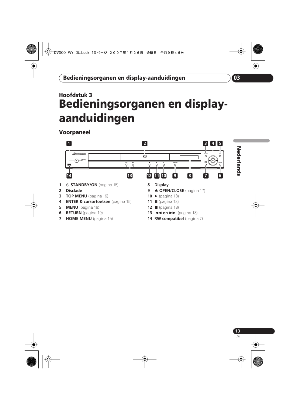 03 bedieningsorganen en display- aanduidingen, Voorpaneel, Bedieningsorganen en display- aanduidingen | Bedieningsorganen en display-aanduidingen 03, Hoofdstuk 3 | Pioneer DV-300-S User Manual | Page 53 / 82