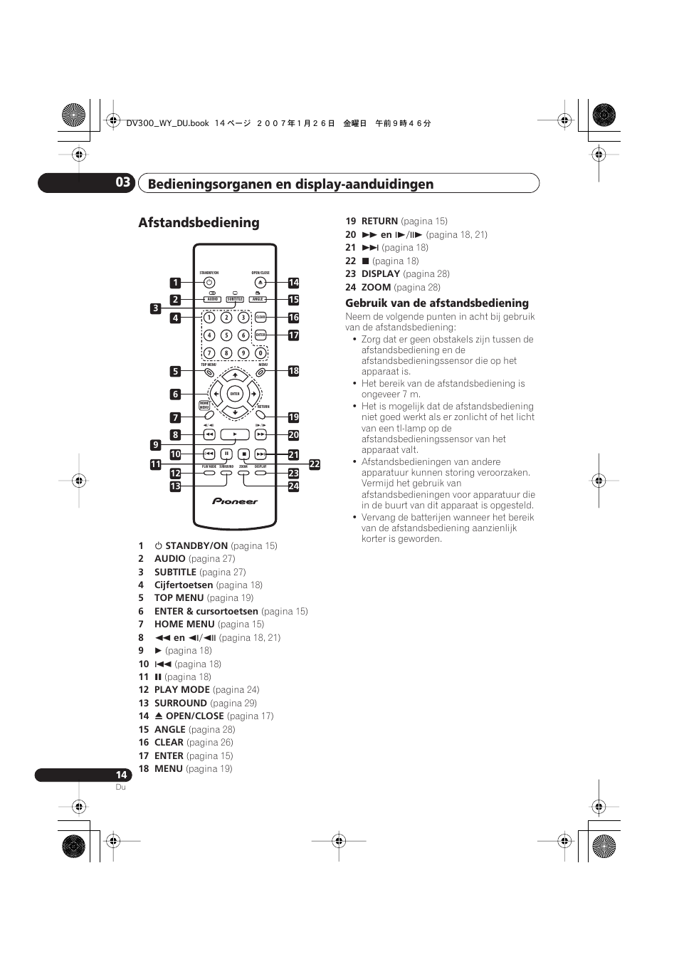 Afstandsbediening, Bedieningsorganen en display-aanduidingen 03, Gebruik van de afstandsbediening | Pioneer DV-300-S User Manual | Page 54 / 82