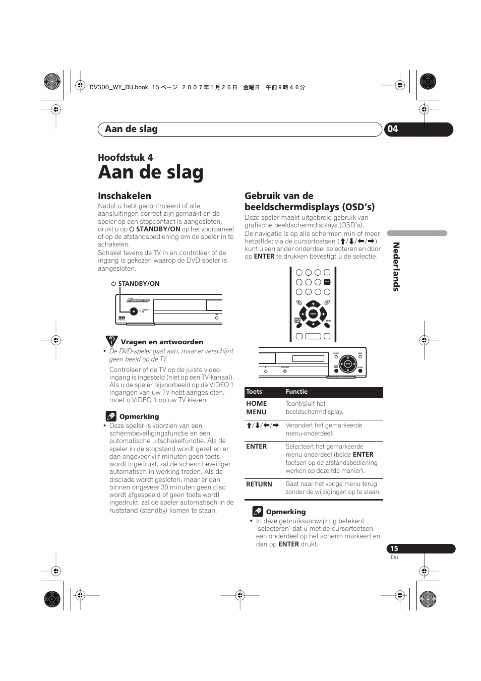 04 aan de slag, Inschakelen, Gebruik van de beeldschermdisplays (osd’s) | Aan de slag, Aan de slag 04, Hoofdstuk 4, Nederlands | Pioneer DV-300-S User Manual | Page 55 / 82