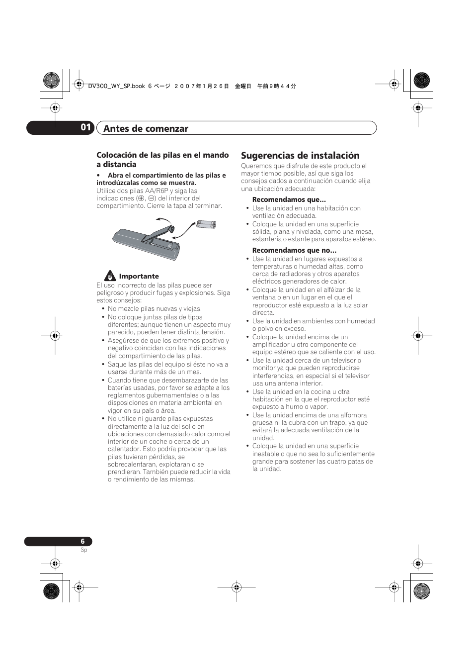 Antes de comenzar 01, Sugerencias de instalación | Pioneer DV-300-S User Manual | Page 6 / 82