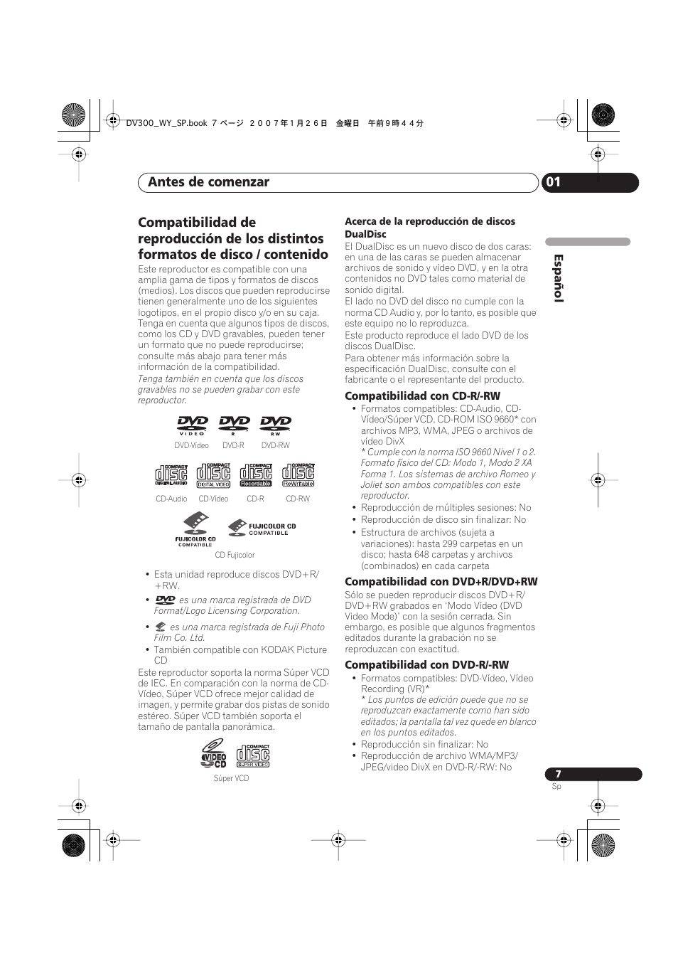 Antes de comenzar 01 | Pioneer DV-300-S User Manual | Page 7 / 82