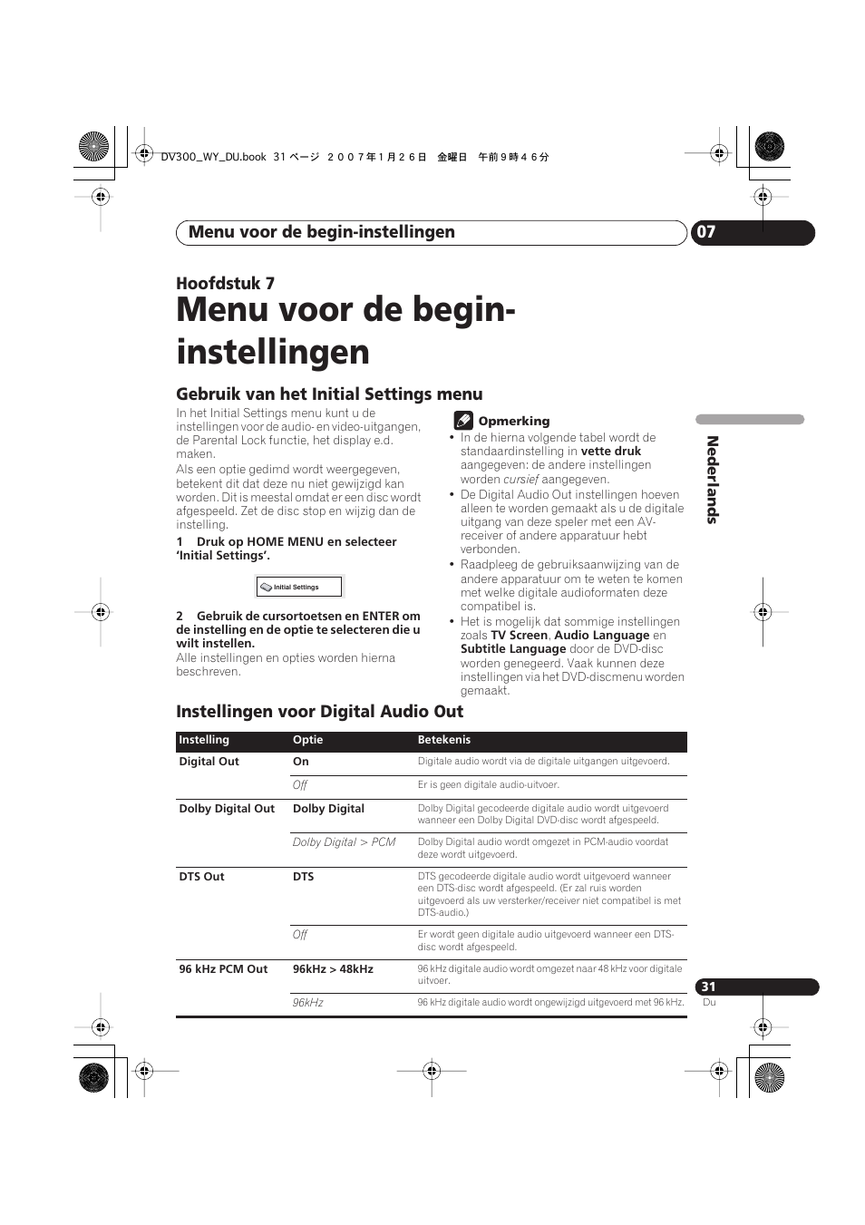 07 menu voor de begin-instellingen, Gebruik van het initial settings menu, Instellingen voor digital audio out | Menu voor de begin- instellingen, Menu voor de begin-instellingen 07, Hoofdstuk 7 | Pioneer DV-300-S User Manual | Page 71 / 82