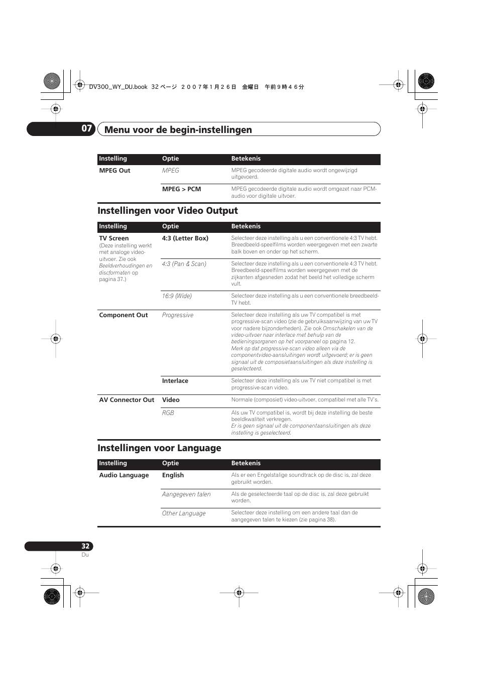 Instellingen voor video output, Instellingen voor language, Menu voor de begin-instellingen 07 | Pioneer DV-300-S User Manual | Page 72 / 82