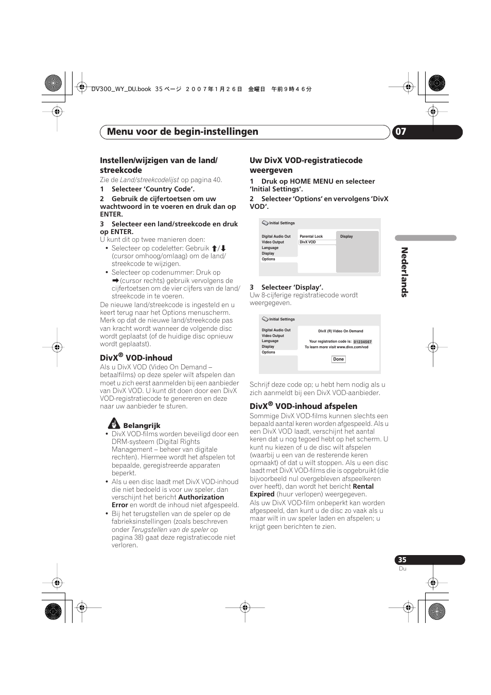 Menu voor de begin-instellingen 07, Nederlands, Instellen/wijzigen van de land/ streekcode | Divx, Vod-inhoud, Uw divx vod-registratiecode weergeven, Vod-inhoud afspelen | Pioneer DV-300-S User Manual | Page 75 / 82