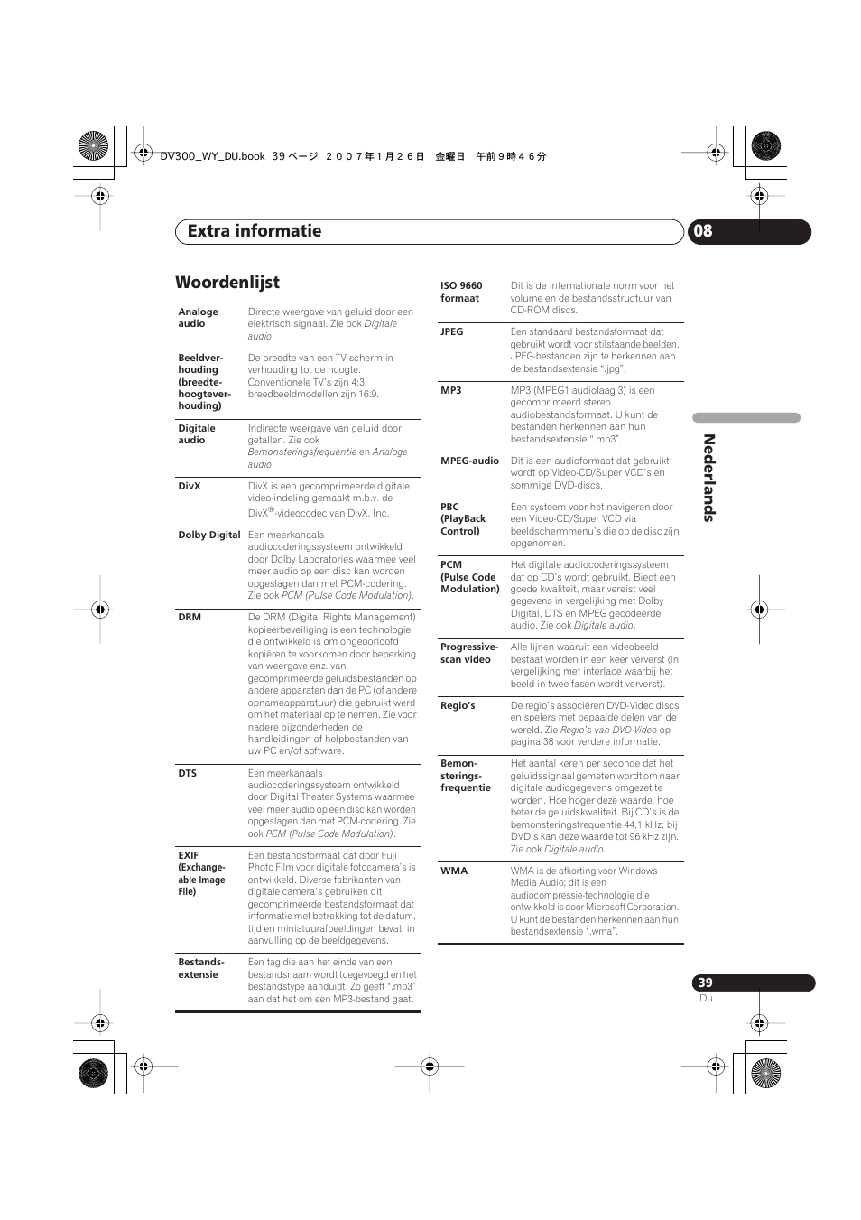 Woordenlijst, Extra informatie 08, Nederlands | Pioneer DV-300-S User Manual | Page 79 / 82