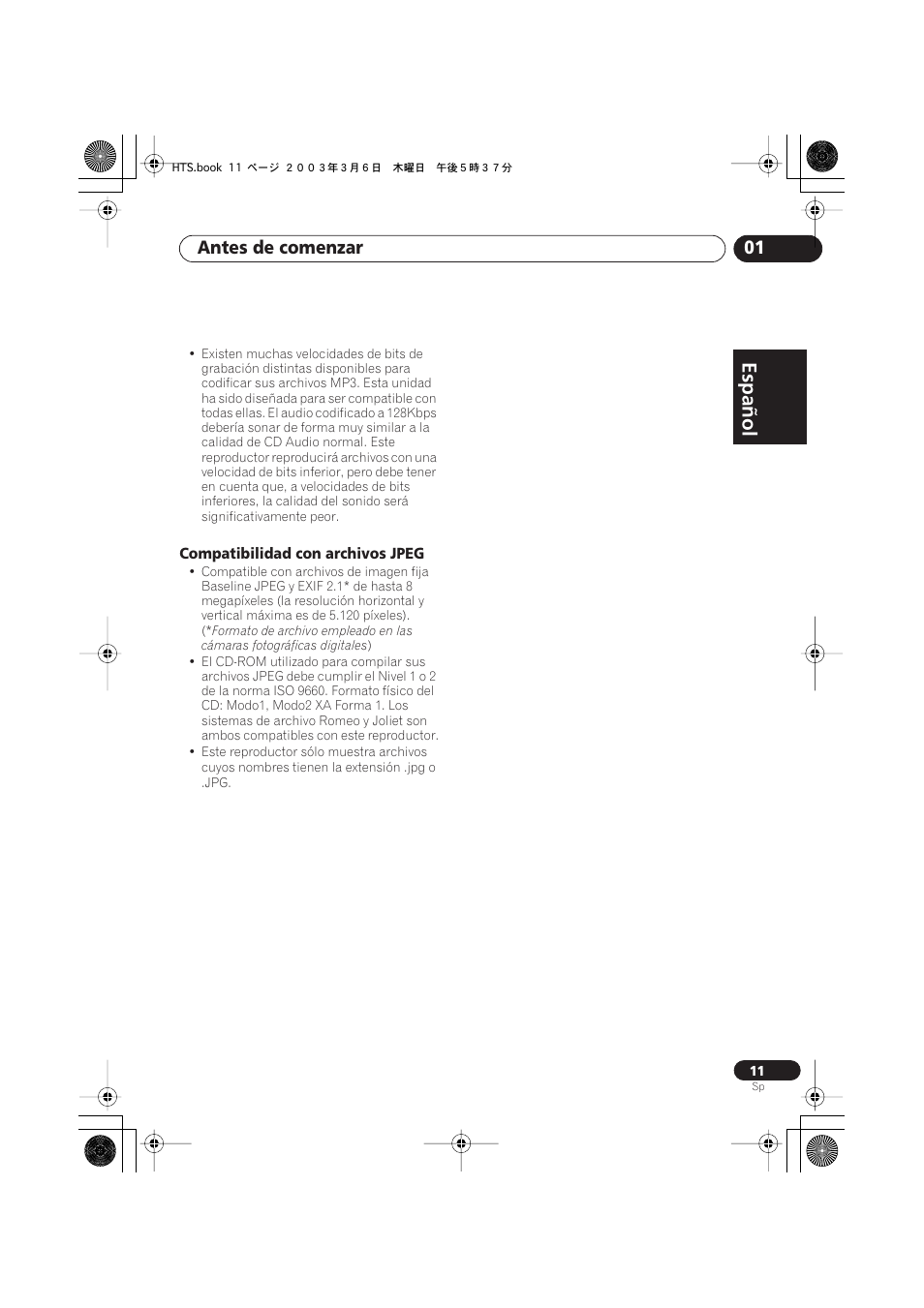 Compatibilidad con archivos jpeg, Español, Italiano français | Nederlands, Español deutsch, Antes de comenzar 01 | Pioneer DCS-222 User Manual | Page 11 / 92