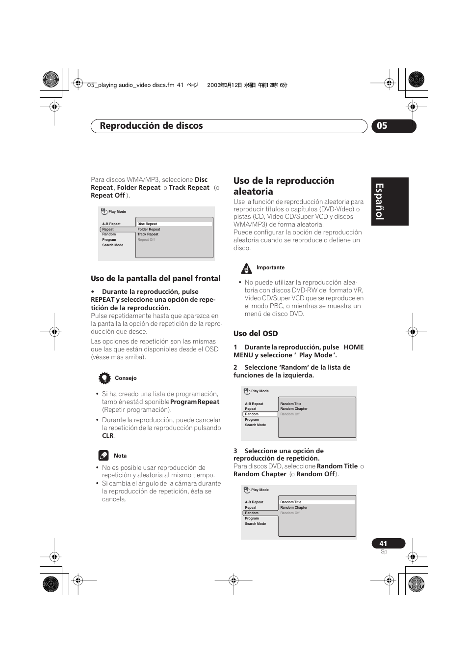 Uso de la pantalla del panel frontal, Uso de la reproducción aleatoria, Uso del osd | Español, Italiano français, Nederlands, Español deutsch, Reproducción de discos 05 | Pioneer DCS-222 User Manual | Page 41 / 92