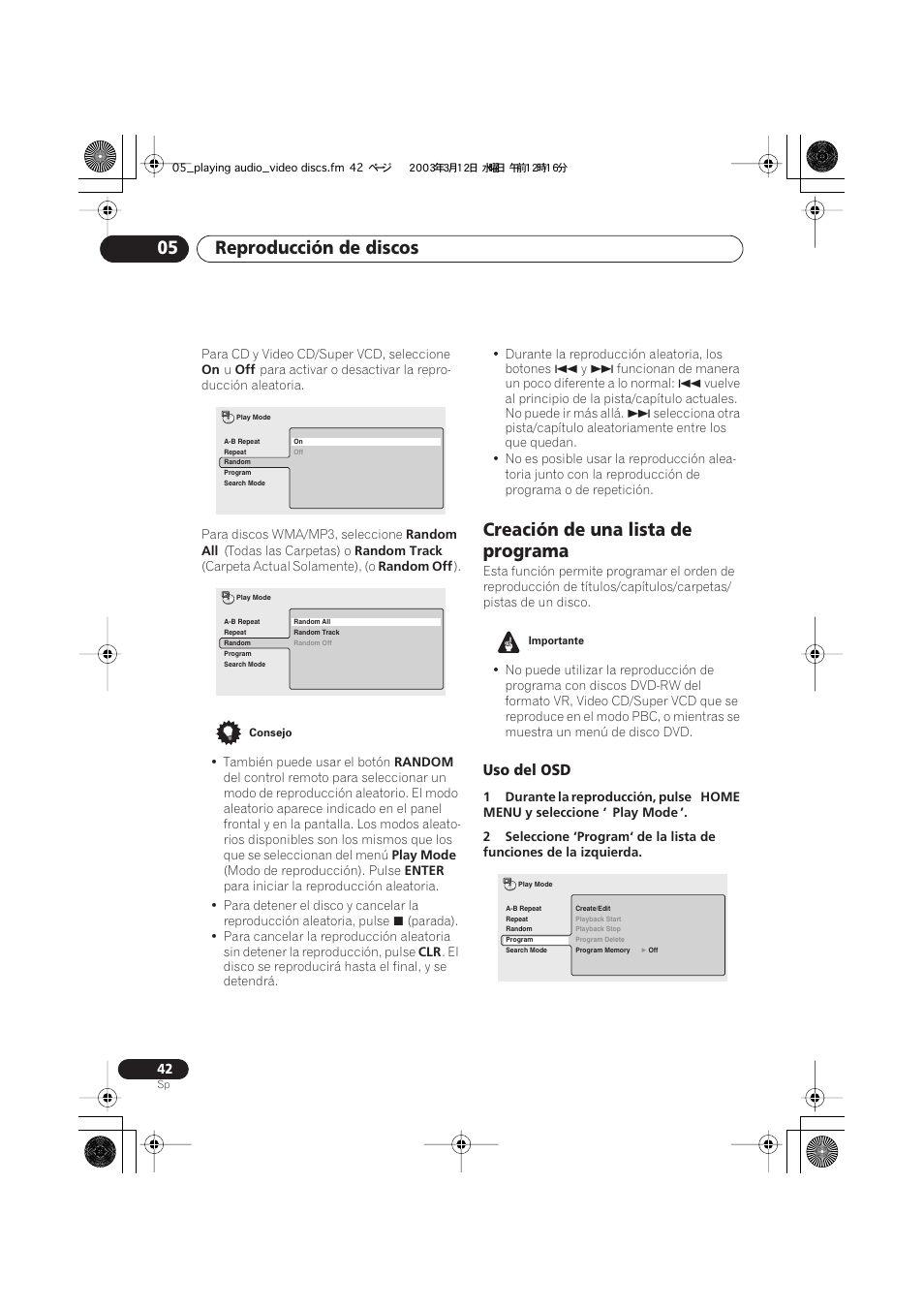 Creación de una lista de programa, Uso del osd, Reproducción de discos 05 | Pioneer DCS-222 User Manual | Page 42 / 92