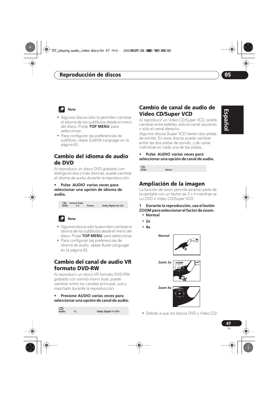 Cambio del idioma de audio de dvd, Cambio del canal de audio vr formato dvd-rw, Cambio de canal de audio de video cd/super vcd | Ampliación de la imagen, Español, Italiano français, Nederlands, Español deutsch, Reproducción de discos 05 | Pioneer DCS-222 User Manual | Page 47 / 92