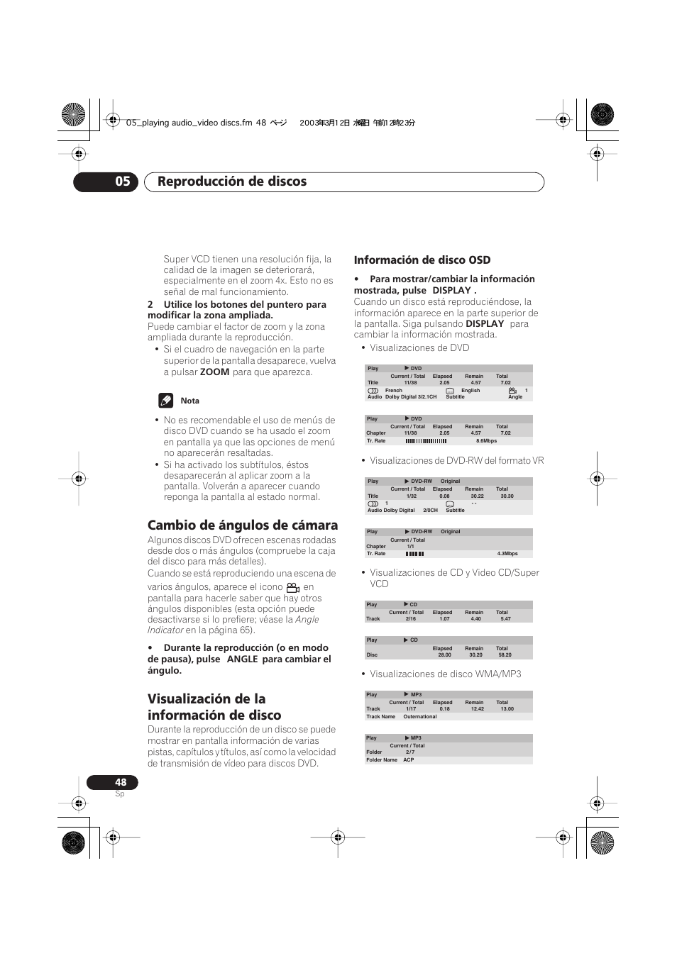 Cambio de ángulos de cámara, Visualización de la información de disco, Información de disco osd | Reproducción de discos 05 | Pioneer DCS-222 User Manual | Page 48 / 92