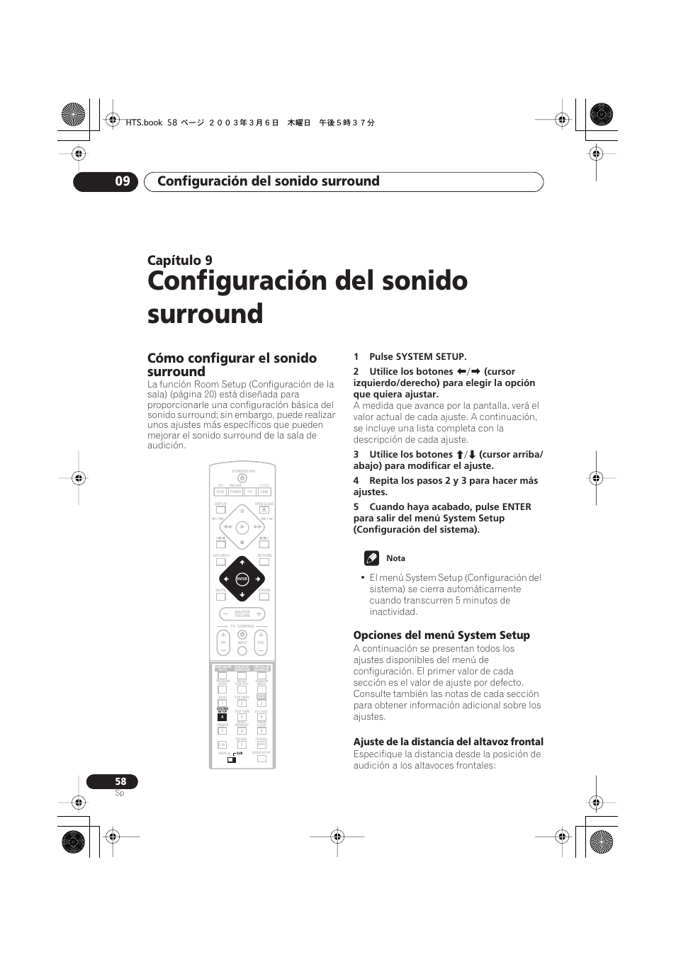 9 configuración del sonido surround, Cómo configurar el sonido surround, Opciones del menú system setup | Configuración del sonido surround, Configuración del sonido surround 09, Capítulo, Ajuste de la distancia del altavoz frontal, 1pulse system setup. 2 utilice los botones, 3utilice los botones | Pioneer DCS-222 User Manual | Page 58 / 92