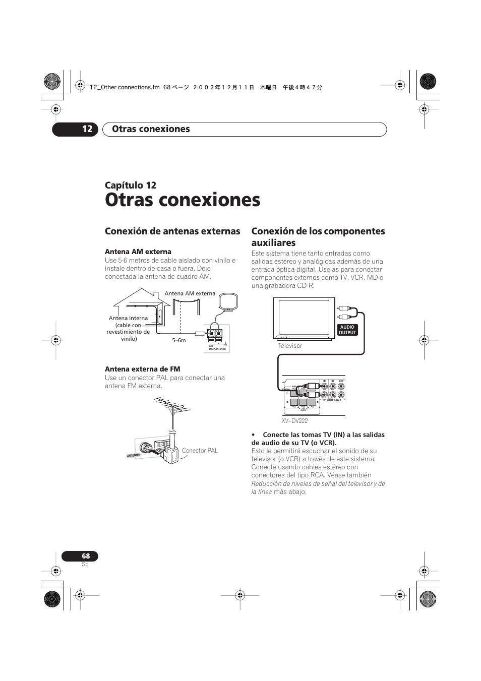 12 otras conexiones, Conexión de antenas externas, Conexión de los componentes auxiliares | Otras conexiones, Otras conexiones 12, Capítulo | Pioneer DCS-222 User Manual | Page 68 / 92