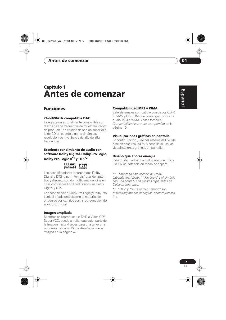 1 antes de comenzar, Funciones, Antes de comenzar | Antes de comenzar 01, Capítulo 1 | Pioneer DCS-222 User Manual | Page 7 / 92