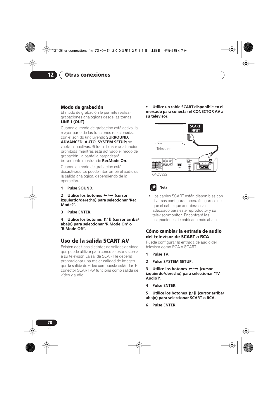 Modo de grabación, Uso de la salida scart av, Otras conexiones 12 | Pioneer DCS-222 User Manual | Page 70 / 92