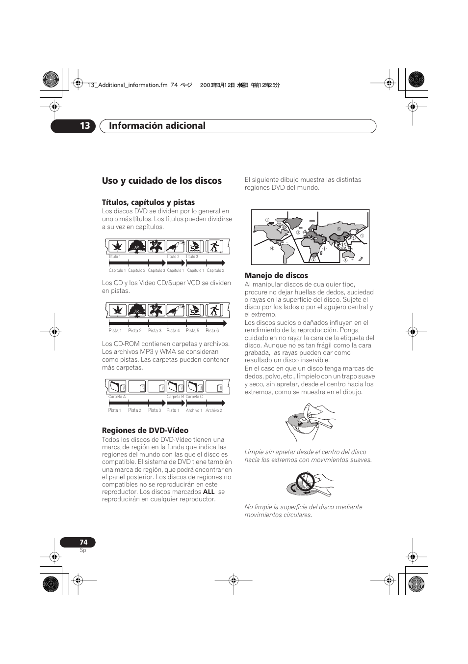 Uso y cuidado de los discos, Títulos, capítulos y pistas, Regiones de dvd-vídeo | Manejo de discos, Información adicional 13 | Pioneer DCS-222 User Manual | Page 74 / 92