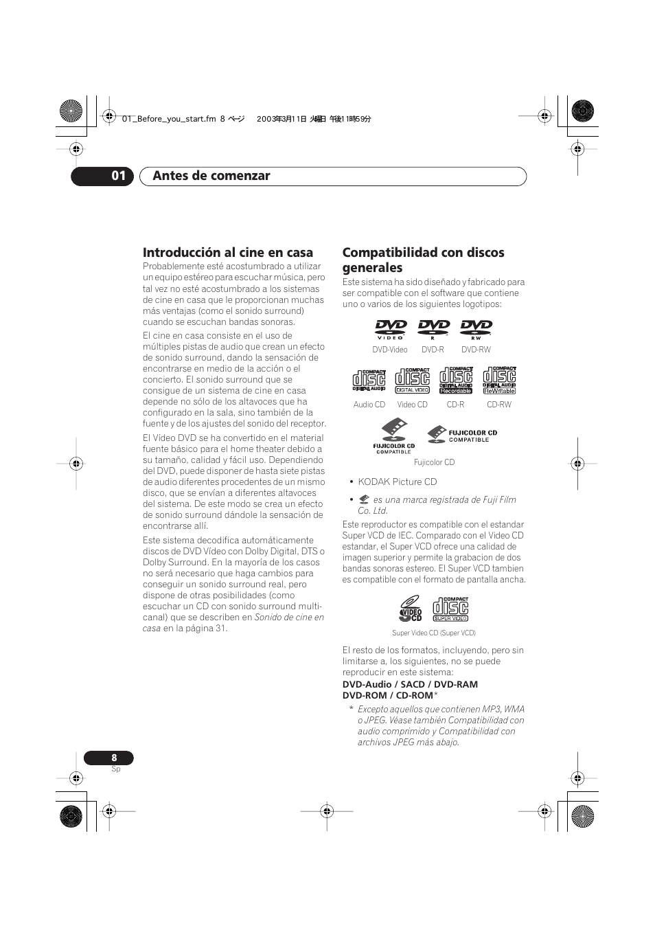 Introducción al cine en casa, Compatibilidad con discos generales, Antes de comenzar 01 | Pioneer DCS-222 User Manual | Page 8 / 92