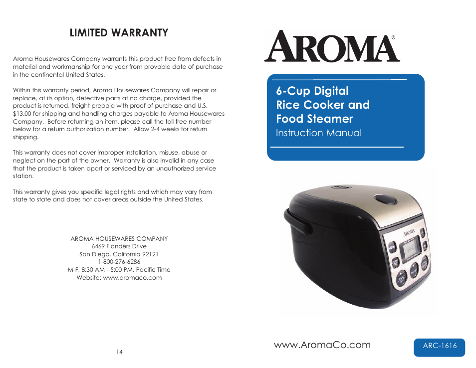 Aroma ARC-1616 User Manual | 16 pages