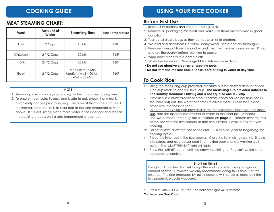 Cooking guide, Using your rice cooker, Meat steaming chart | Before first use | Aroma ARC-1616 User Manual | Page 12 / 16