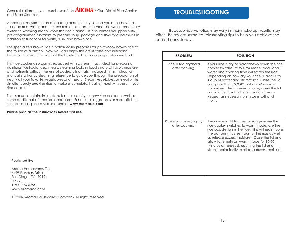 Troubleshooting | Aroma ARC-1616 User Manual | Page 2 / 16