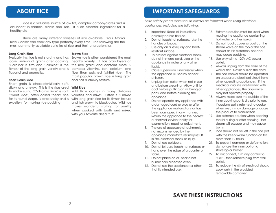 About rice, Important safeguards, Save these instructions | Aroma ARC-1616 User Manual | Page 3 / 16