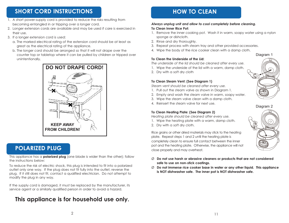 How to clean, Do not drape cord | Aroma ARC-1616 User Manual | Page 4 / 16