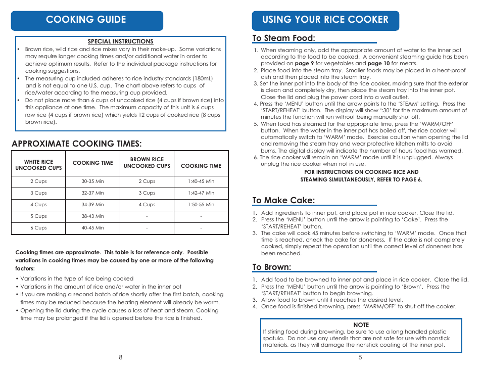 Cooking guide, Using your rice cooker, Approximate cooking times | Aroma ARC-1616 User Manual | Page 7 / 16