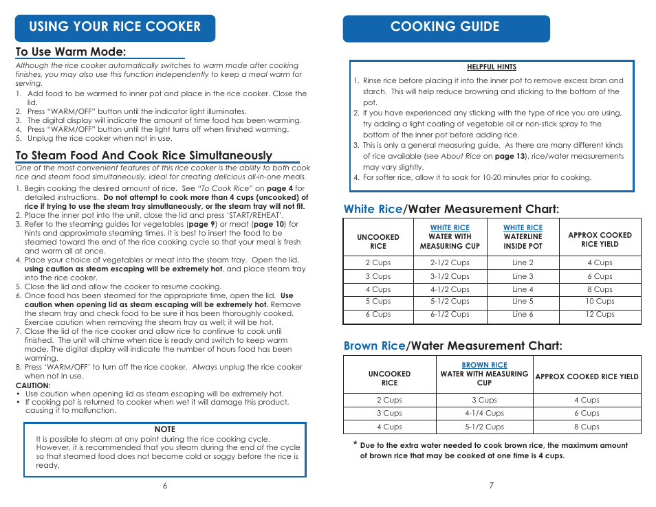 Cooking guide, Using your rice cooker, White rice /water measurement chart | Brown rice /water measurement chart | Aroma ARC-1616 User Manual | Page 9 / 16