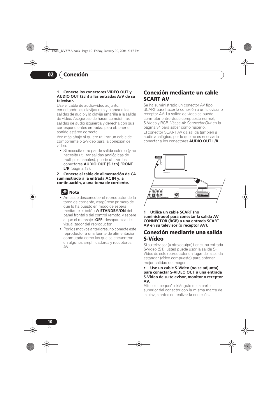 Conexión mediante un cable scart av, Conexión mediante una salida s-vídeo, Conexión 02 | Pioneer DV-575A-S User Manual | Page 10 / 108