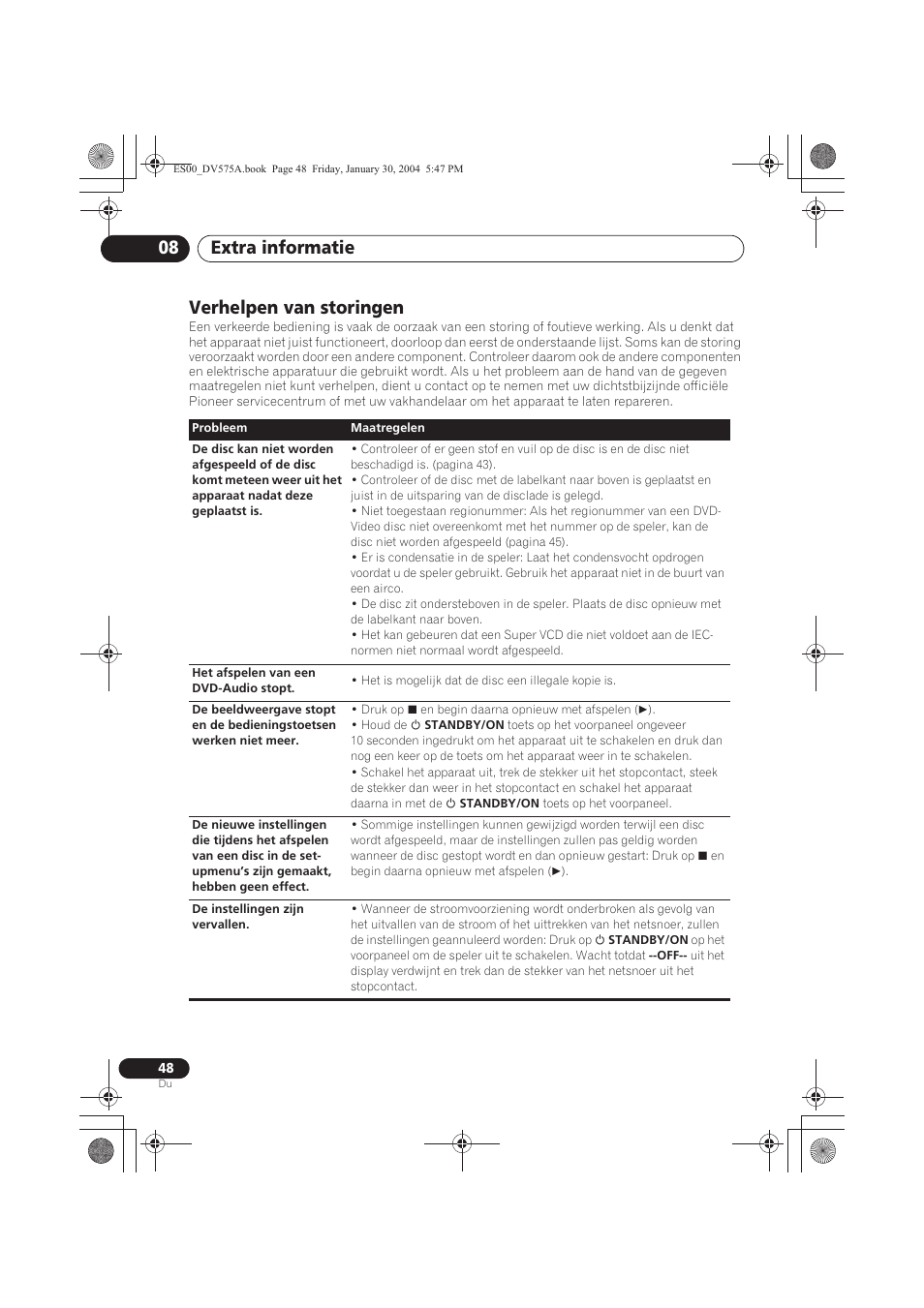 Verhelpen van storingen, Extra informatie 08 | Pioneer DV-575A-S User Manual | Page 100 / 108