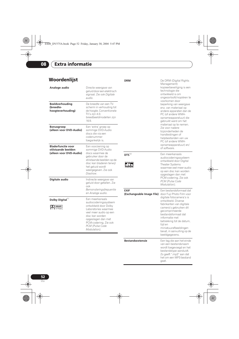 Woordenlijst, Extra informatie 08 | Pioneer DV-575A-S User Manual | Page 104 / 108