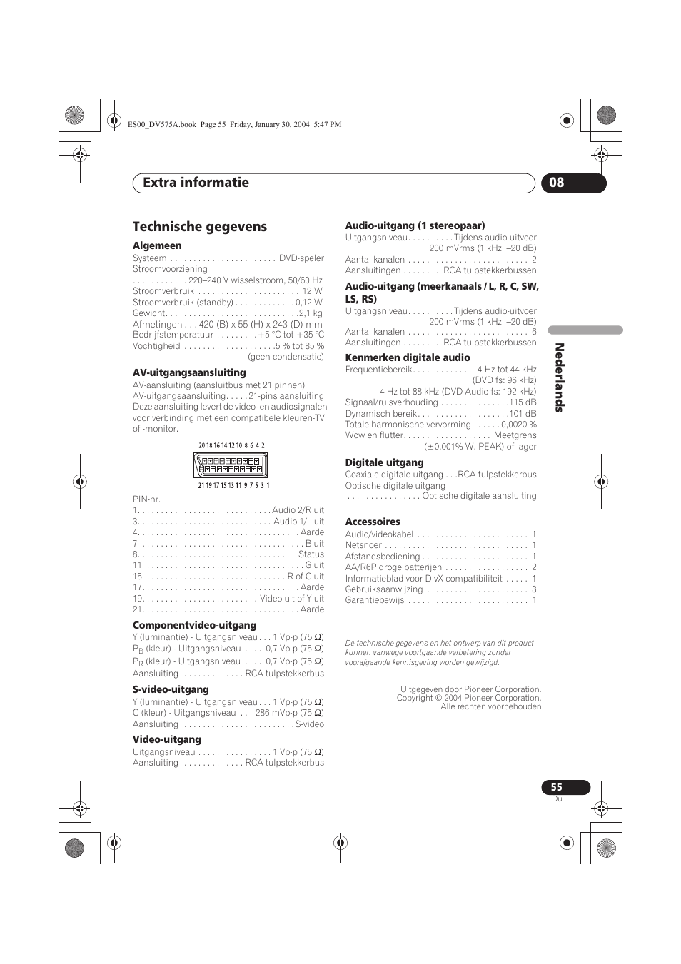 Technische gegevens, Extra informatie 08 | Pioneer DV-575A-S User Manual | Page 107 / 108