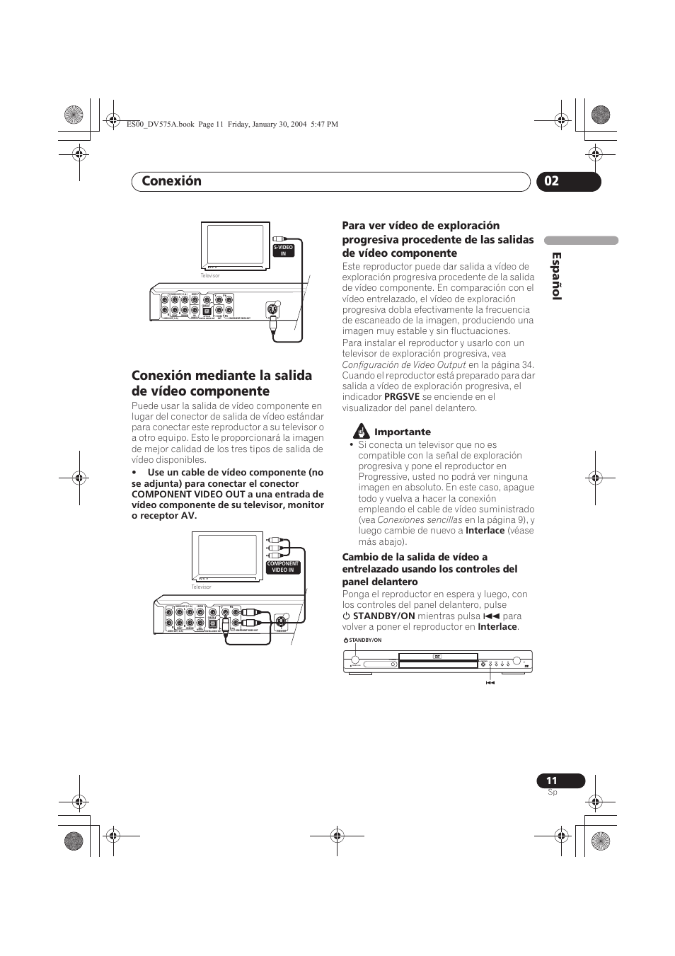 Conexión mediante la salida de vídeo componente, Conexión 02, Espa ñol | Standby/on fl dimmer | Pioneer DV-575A-S User Manual | Page 11 / 108